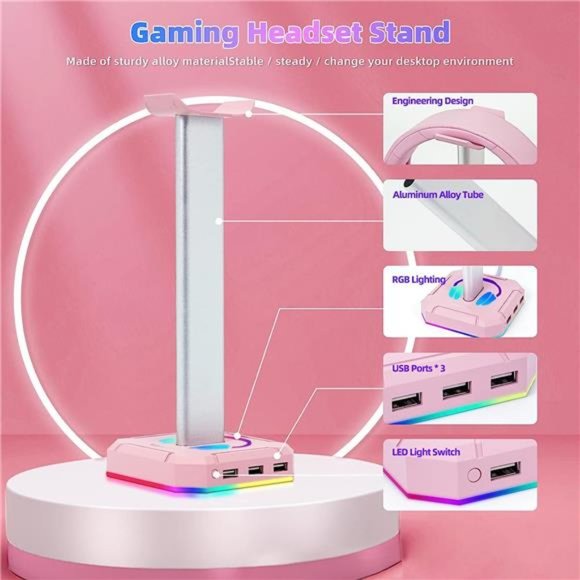 Pink Headphone Stand RGBLights Gaming Headset Holder with 3USB Port for Charging - Picture 2 of 6